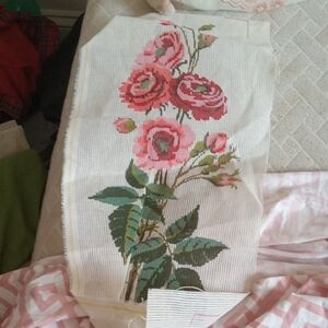 Floral Needlepoint  Art with Pink Roses